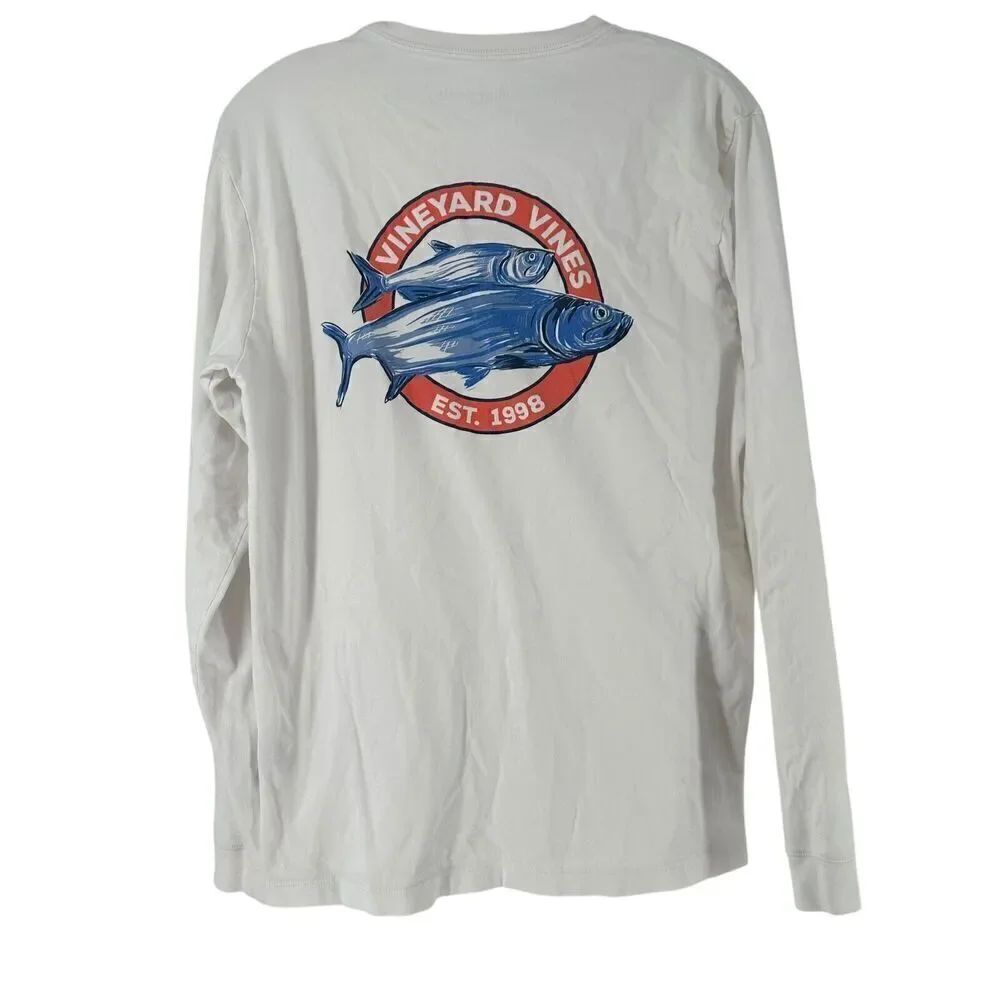 Vineyard Vines Graphic Tee Mackerel Long Sleeve White Mens Size S Preppy Crew